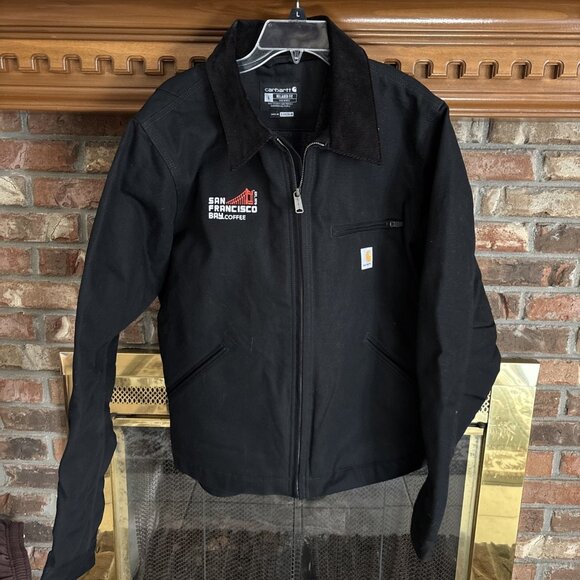 carhartt jacket Black Denim flannel
 Lined Size Large Coffee Logo Detroit - Picture 2 of 9